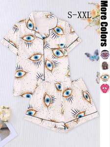 two-piece set women's all over print shirt & elastic waist shorts pajama, casual comfy shortsleeve top & shorts pj set, ladies sleepwear for all seasons, womenswear, loungewear, homewear, pajamas, soft lounge sets