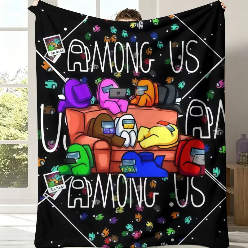 Among Us Crewmates Flannel Throw Blanket - Solid Black Background, Colorful Couch Scene,Mini Crewmate Confetti Border, Hand-Drawn "AMONG US" Letters, Soft Fleece, Kids Gaming Bedroom Decor, Fan All-Season Gift