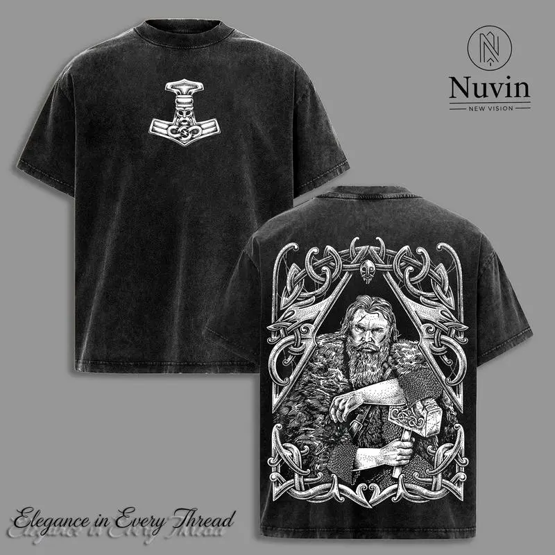 Thórrr Viking God of Thunder Oversized Vintage Washed T-Shirt, Mjölnir Hammer Graphic Tee, Norse Mythology Streetwear, Nordic Warrior Unisex Top, Lightning Power Retro Heavy Cotton Shirt