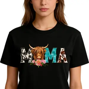 Highland Cow Mama Shirt Floral Cow Mom Tee Cotton Classic Fit Crew Neck Short Sleeves Casual Wear for Womenswear Top Breathable Matching Tshirt