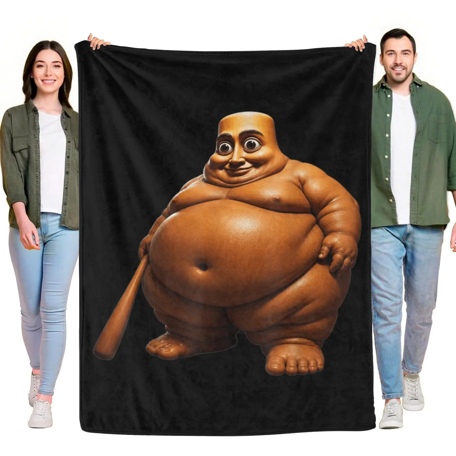 Multi-Size Rectangular Flannel Throw Blanket, Ultra-Soft Warm Plush Blanket with Chunky Wooden Man and Baseball Bat Meme Print, for Sofa Bed Daily Rest