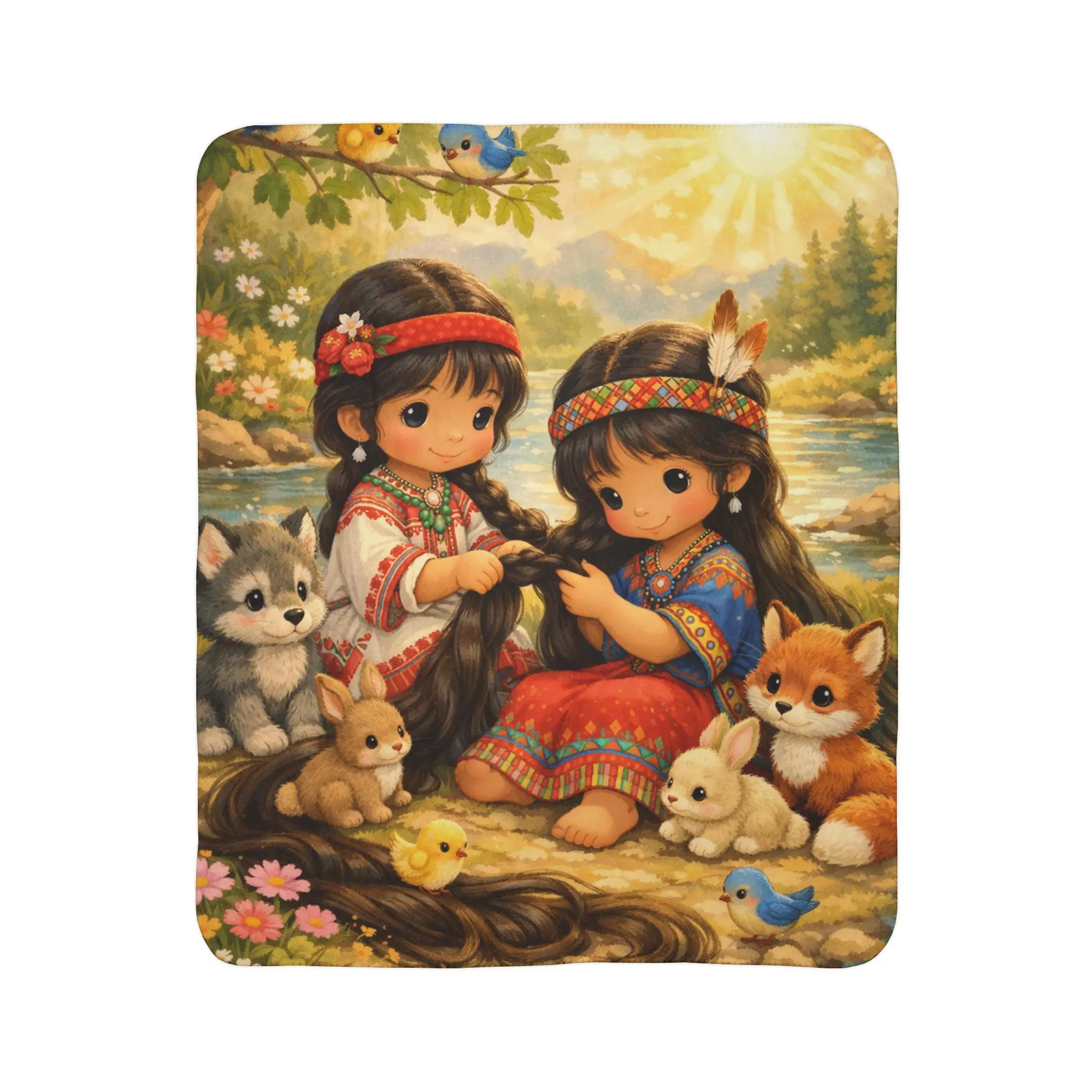 Native Girls Woodland Animals Fleece Sherpa Blanket | Cute Vintage Style