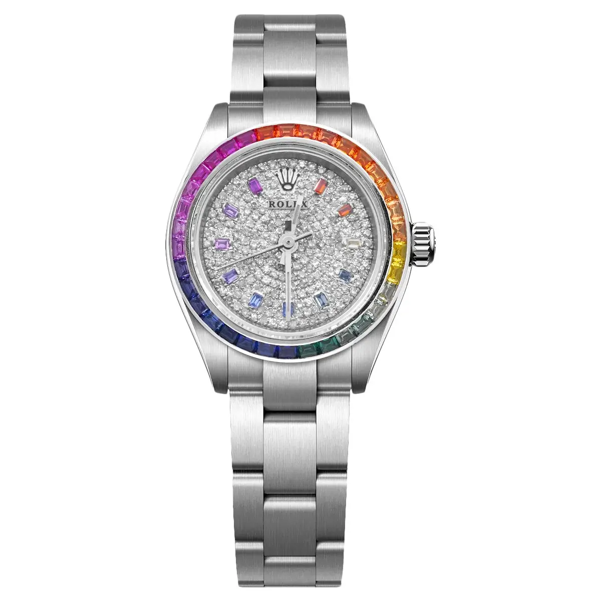Rolex Oyster Perpetual 76030 Rainbow Diamond Bezel 25MM Full Aftermarket Diamond Dial Automatic Watch WHT030153/WHT030152