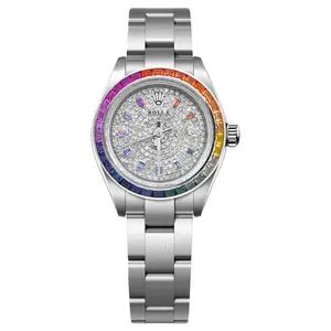 Rolex Oyster Perpetual 76030 Rainbow Diamond Bezel 25MM Full Aftermarket Diamond Dial Automatic Watch WHT030153/WHT030152