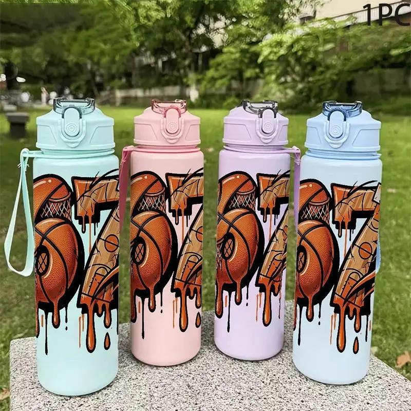 1pc Plastic Water Bottle, Blue,Green, Basketball Printed Design Sports Drinking Bottle, Flip Top, Flip Lid, Reusable, 25oz 750ml Lightweight Leakproof Travel Drinks Bottle Running, Travel Bottled Drinkware