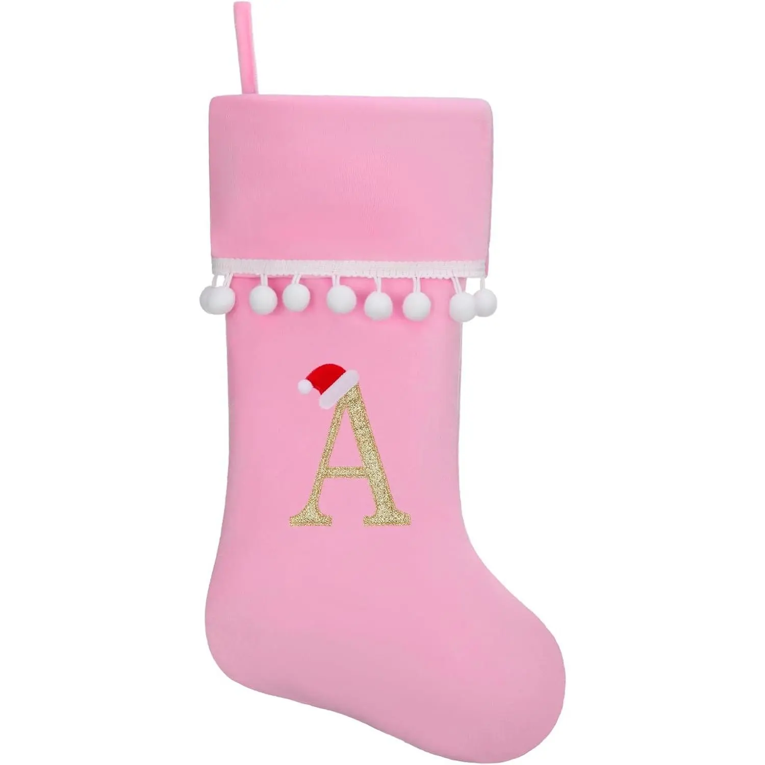 19 Inch Pink Velvet Stockings, Personalized Christmas Stocking, Embroidery Initial with White Pom Pom Trim, Holiday Fireplace Mantel & Xmas Party Decor, Letter A