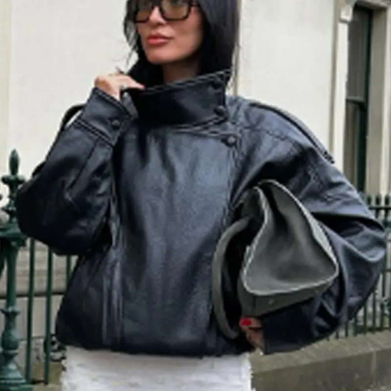 Black Brown Burgundy Jacket Women's Casual jacket autumn 2025 Oversize Asymmetrical Zipper outerwears new in coats & jackets long sleeve Biker Jacket Street Style Jacket