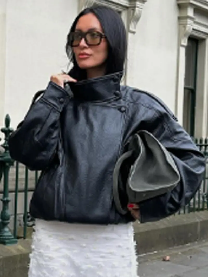 2026 Women's Black PU Leather Jacket, Oversize Asymmetrical Outerwear with Zipper, Long Sleeve Street Style Biker Jacket for Autumn
