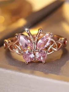 Trendy Pink Zirconia Cute Butterfly Vintage Rose Gold Color Wedding Bands Engagement Rings For Women Men Minimalist Jewelry Artificial Gemstone Ring