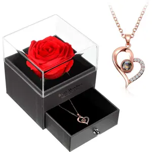 Valentine'S Day Gift for Girlfriend I Love You in 100 Languages Projection Necklace with Preserved Red Real Rose Flowers in Box for Women Mom Wife on Mother'S Day, Anniversary no brand
