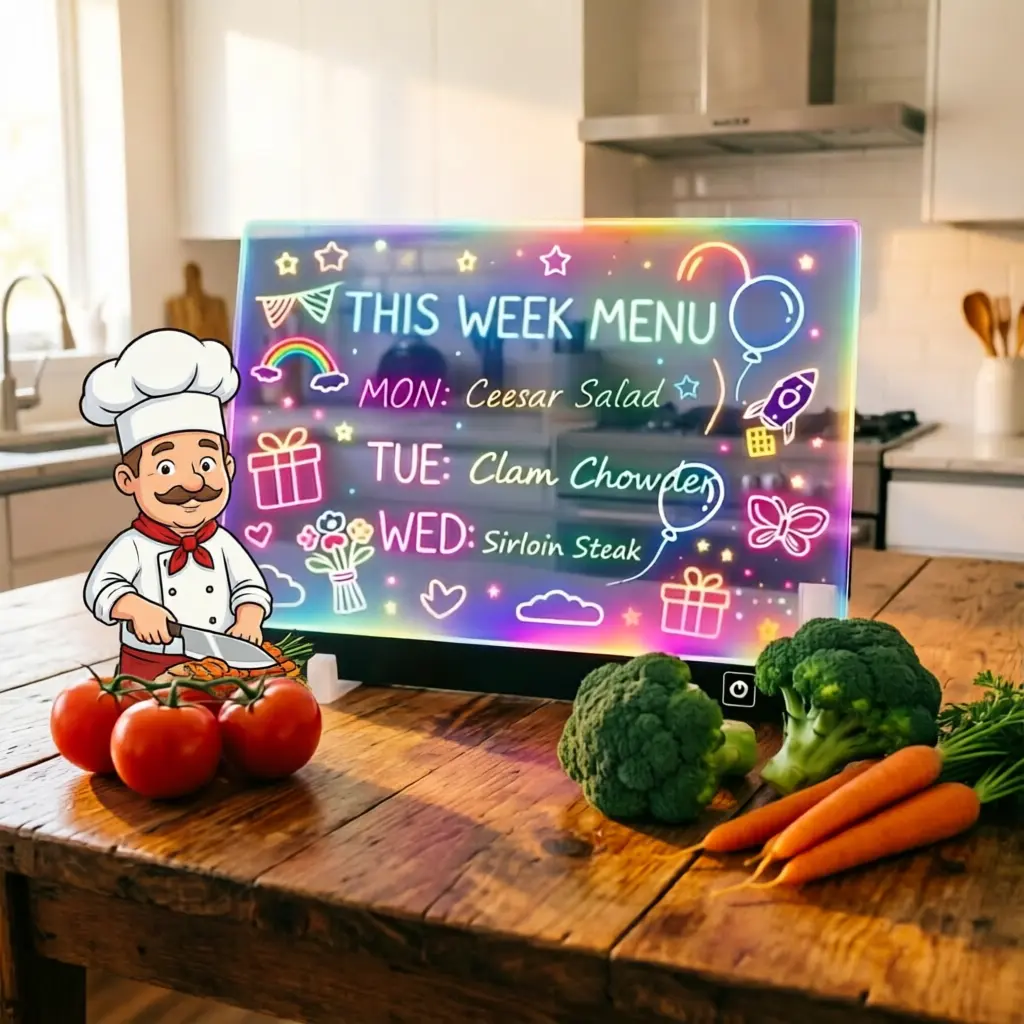 LED Kitchen Message Board, 16" Acrylic Light Up Dry Erase Menu Board with 8 Color Light Modes, Reusable Writing Planner Board for Meal Plans, Grocery Lists & Home Decor