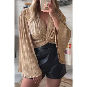 Camel Pleated Bell Sleeve Twist V Neck Cropped Blouse