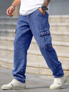 Men's Solid Color Washed Straight Leg Cargo Jeans, Loose Casual Comfy Flap Pocket & Slant Pocket Design Denim Trousers for Daily Wear, Fashion Men's Bottoms for All Seasons, Cotton, Relaxed Fit Jeans, Baggy Jeans, Pants