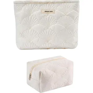 2 count Quilted Cotton  Makeup bag, Coastal Granddaughter Aesthetic  Bag, Cute Seashell Portable Travel Toiletry Pouch (2Pcs White)