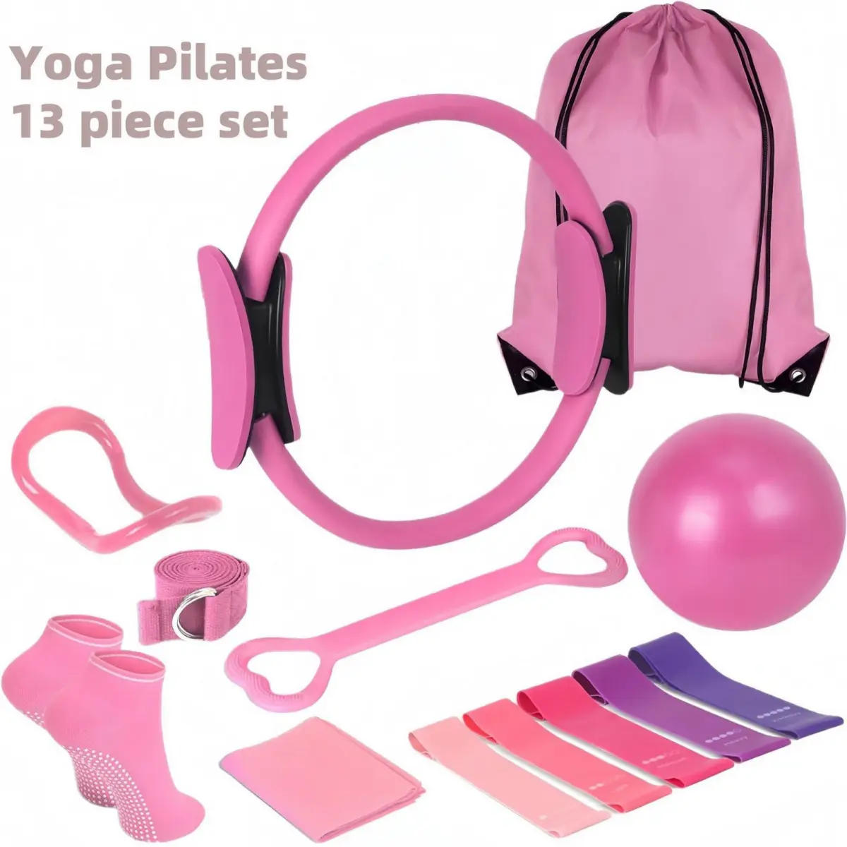 New 13-Piece Yoga Fitness Set - Pilates Ring, Resistance Bands, Pilates Ball, Mat & Socks for Beginner Home Exercise Equipment Accessories