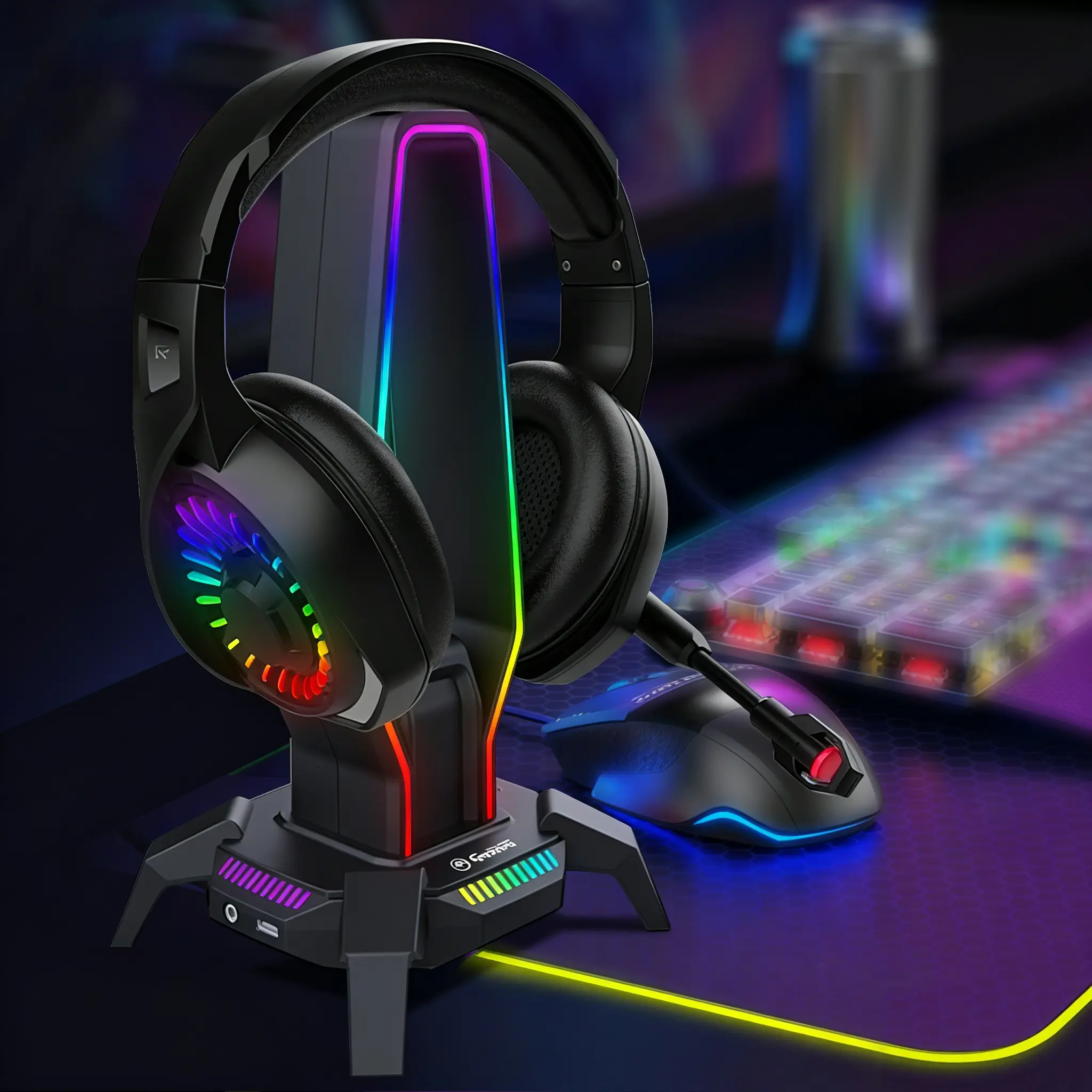 Marvo Rechargeable RGB Gaming Headset Stand - Desktop Organizer with USB Charging Dock, 3 USB 2.0 Ports, Type-C Port, 3.5mm Audio Jack, 10 RGB Lighting Effects for Gamers Electronics Accessory