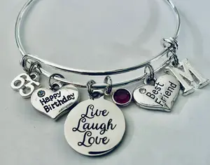 65th Birthday Gift for Best Friend – Live Laugh Love Charm Bangle Bracelet, Personalized Initial & Birthstone