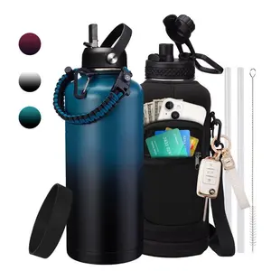 87oz Insulated Water Bottle, Gallon Stainless Steel Flask Water Bottle - Big Water Jug with Straw & Spout Lid, Paracord Handle, Carrier Bag, 32/40/64/128oz