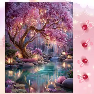 5D DIY Full Drill Round Diamond Painting - Diamond Painting Kits Diamond Art Kit Cherry Blossom Tree Scenery Mosaic, Canvas - DIY Decorative Painting, Home Wall Decoration, Suitable for Halloween and Christmas, Birthdays and Anniversaries Gifts