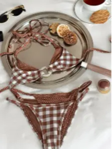 Women's Two-Piece Bikini Set, Casual Plaid Color-Block Design, Hanging Neck Swimsuit, Perfect for Holiday & Spa Wear, Plaid Print Bikini