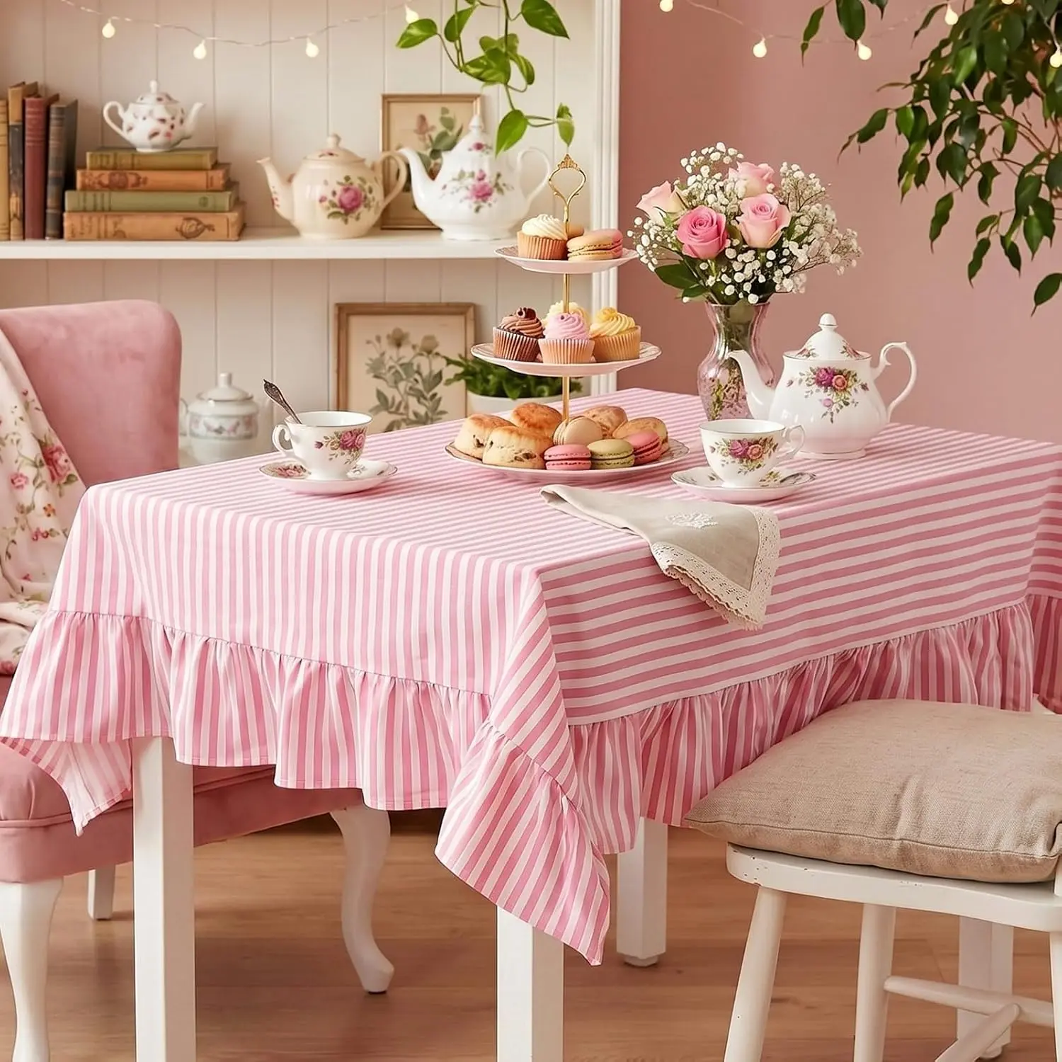 Pink Striped Ruffled Tablecloth 70 x 52 Inches Cotton Linen Rectangular Striped Table Cloth Classic Farmhouse Vintage Table Cover Decorative Pattern for Holiday Party