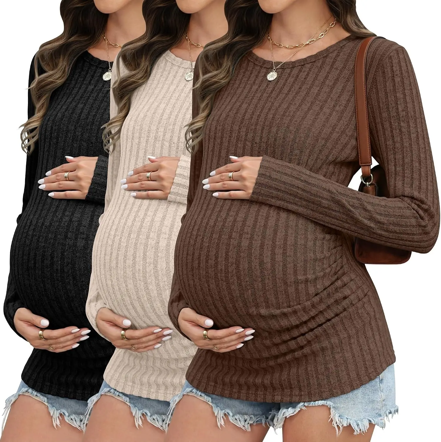 3 Pack Ribbed Long Sleeve Crew Neck Maternity Thermal Sweater Top Pregnancy Clothes for Women