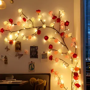 Flexible 96-LED string lights, Christmas decorations, 48 blooms, red rose Valentine's Day climbing vine wall decoration, includes clips, romantic ambiance room decor, festive celebration gifting, Christmas