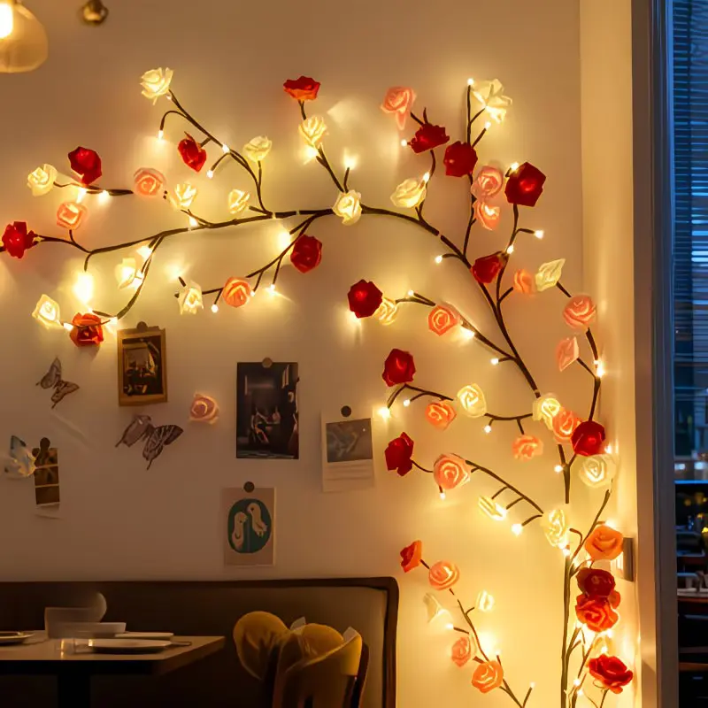 96-LED Flexible Plastic Irregular Rose Lamp String Lights, 48-Red Rose Climbing Vine Wall Decor with Clips, Romantic Room Ambiance & Festive Gifting (Christmas, Valentine's Day)