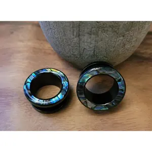 Pair Black Steel Abalone Shell Screw On Off Back Steel Tunnels Ear Plugs Gauges 2g 0g 00g 1/2 9/16 5/8 3/4 7/8 1 inch gift earrings men