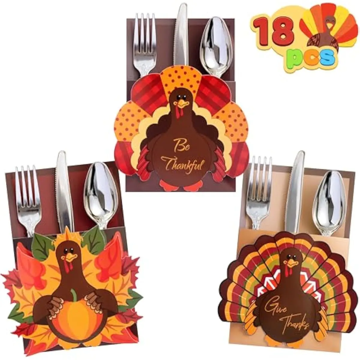 18PCS Thanksgiving Cutlery Holders Set, Thanksgiving Turkey Utensil Décor, Autumn Fall Harvest Party Supplies, Thankyou Cards, Table Decoration, Party Favors