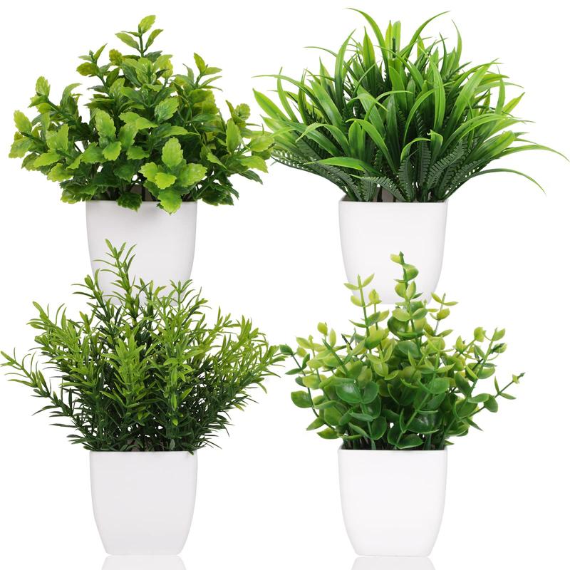 4 Pot Small Fake Plant Flowerpot Artificial Plastic Eucalyptus Plant Wheat Grass Shrub Plant Indoor Desk Coffee Table Bathroom Bedroom Home Decoration