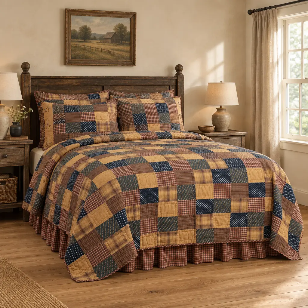 Hand-Quilted Primitive Patchwork Block Quilt - Vintage, Brick Layout, Rustic Charm, Americana Colors Bedding, Multi-Size (Including California King), Decorative Bedroom Soft Furnishings (Pair with Decorative Pillows for Enhanced Style)