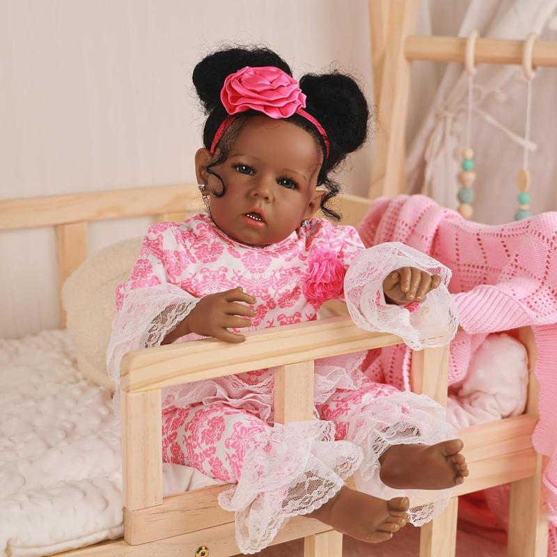 Reborn Baby Dolls Black Girl, African American 20 Inch Realistic Newborn Baby Dolls with Lifelike Soft Body Silicone Limbs Birthday Gift Set for Ages 3+