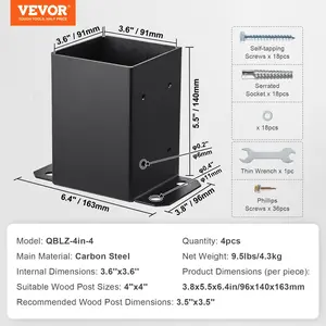 VEVOR 4x4 Post Base 4 Pcs, Inner Size 3.6x3.6 Post Base Brackets, Heavy Duty Powder-Coated Post Anchor Matte Black Wood Post Brackets for Pavilion Deck Railing Support Deck Base Plate