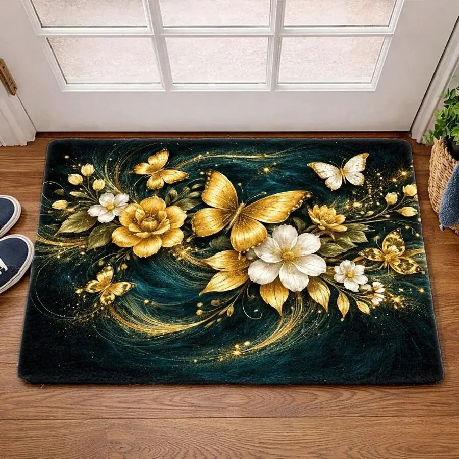 1pc Luxury Golden Butterfly Floral 100% Polyester Flannel Doormat - Stain-Resistant, Washable, Hand Wash Only, Indoor-Outdoor Use for Living Room, Outdoor Entry, Also as Pet Rug