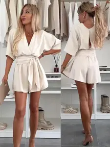 Deep V Neck Kimono Sleeve Jumpsuit Shorts Romper, Elastic Waist Cotton Flowy Casual One-Piece Pants, Loose Fit High Waist Short Sleeves, Everyday