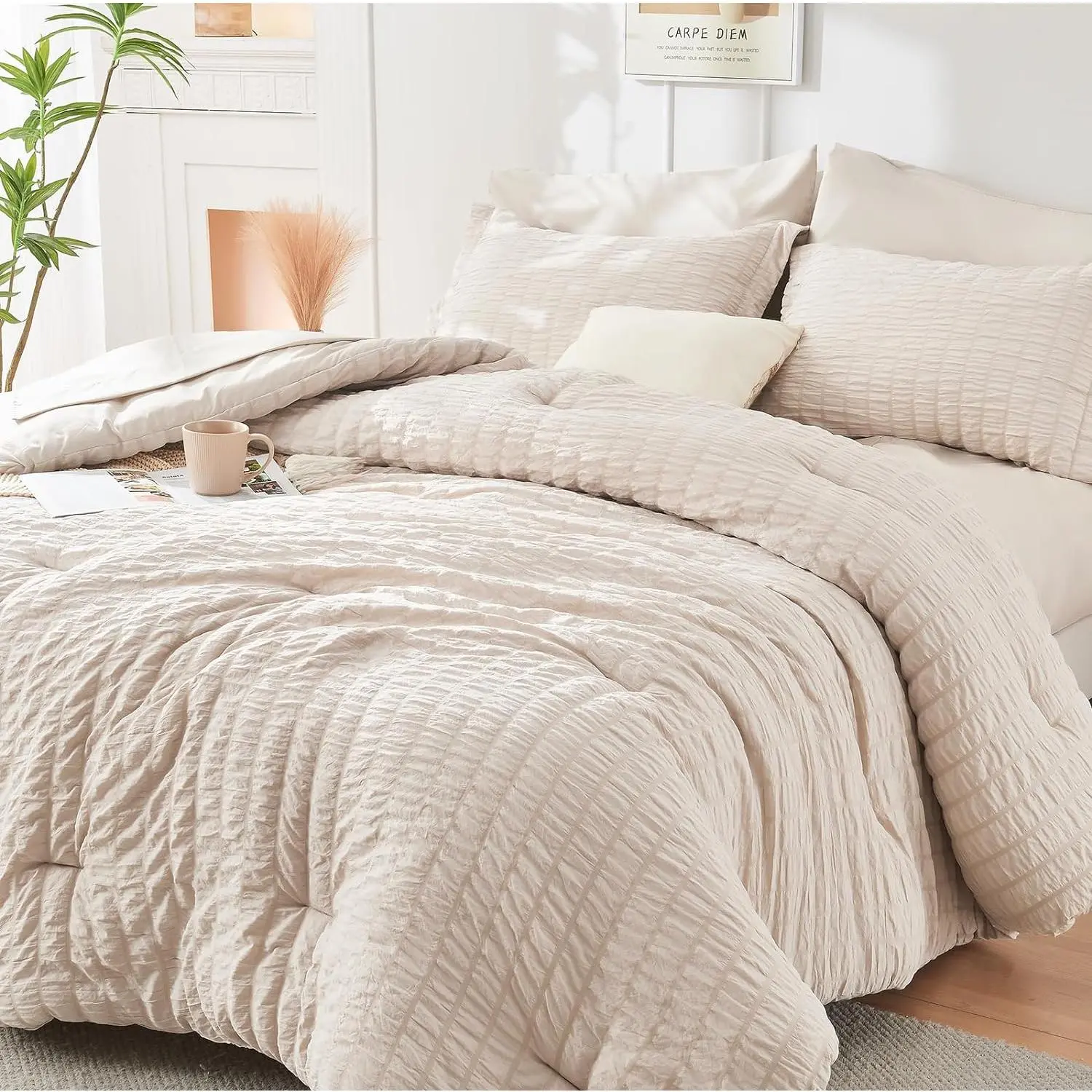 Beige Striped King Size Seersucker Bedding Set - Wrinkle Resistant, All Seasons, Includes Comforter, Pillowcases, Shams for Bedroom