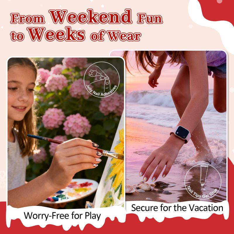 Qiek Press on Nails Kit for Kids, 4 pack 16 Sizes 128 Pieces Kid Fake Nail Kit Colorful Flower Almond Fake Nail Tips for Girls 8-12 Years Old with Jelly Nail Adhesives & Nail Builder Glue Birthday Gifts Holiday Haul