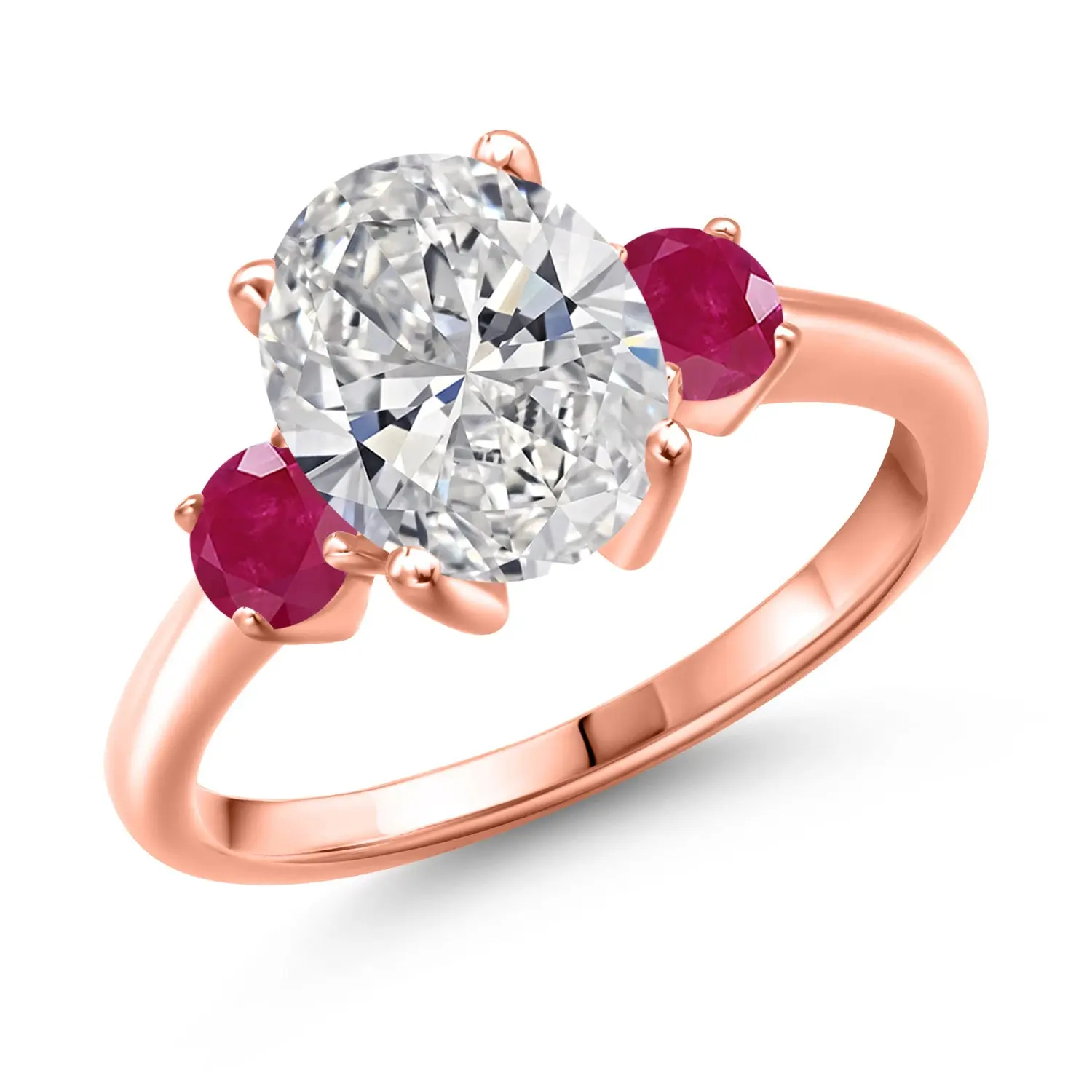 Gem Stone King 2.70 cttw IGI Certified Lab Grown Diamond and Red Ruby 3-Stone Engagement Ring For Women | 18K Rose Gold Plated Silver | Center 2.00 Ct Diamond | D-E Color | VS1-VS2 Clarity
