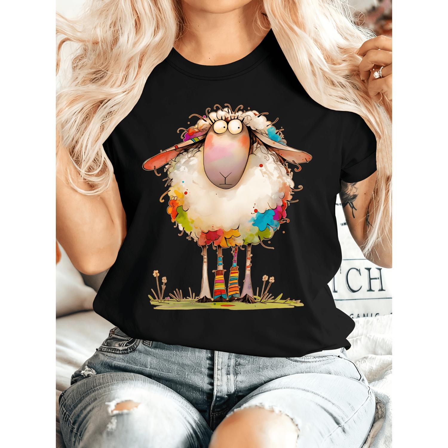 Charming Animal Design Women's Summer TShirt with Sheep Print Round Neck Short Sleeve Elegant Comfortable Versatile Fashionable Suitable for Casual and Party Outings