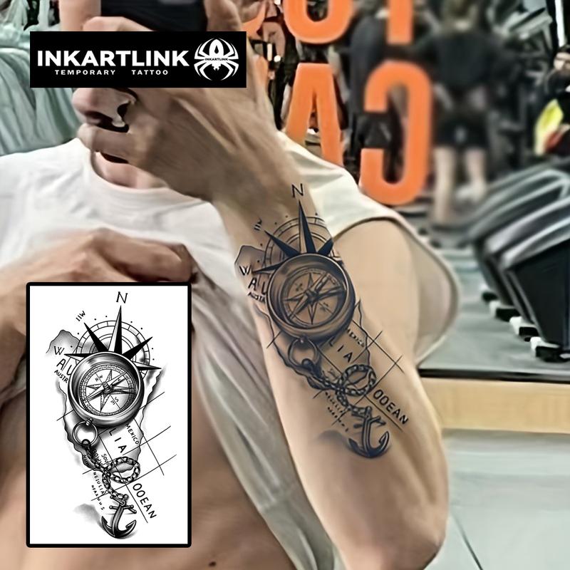 INKARTLINK Tattoo Tech, 2 Sheets Semi-Permanent Temporary Tattoos ,Anchor Compass,Adult Art Design,Lasts 1-2 Weeks, Waterproof, Realistic Look, No Adhesive, No Reflection,For Man And Woman,Ideal for Swimming, Party