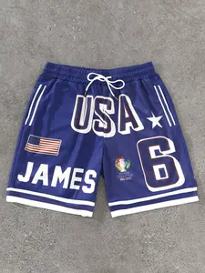 1-Piece Men's USA No.6 James Print Basketball Shorts, Blue Drawstring Elastic Waist Sports Shorts for Basketball Training Daily Casual Wear