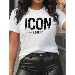 [Icon T-Shirt] Stretchy Women's Casual Short Sleeve T-Shirt | Bold "ICON" Distressed Print, Machine Washable, Sizes S-XXL, Multiple Colors, Comfortable Fit