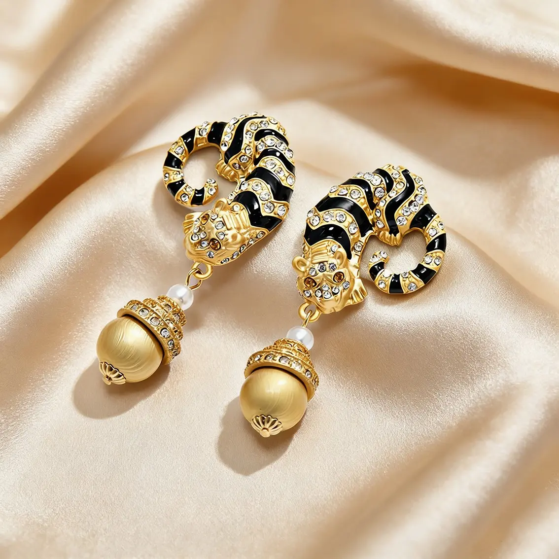Original Vintage Leopard Rhinestone Earrings, S925 Silver, 18k, Court Enamel Tiger Studs, Western Antique Full Rhinestones