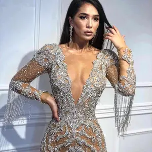 WOMEN'S fashion deep V hollow out long sleeve gold sequin long dress gown Formal Womenswear