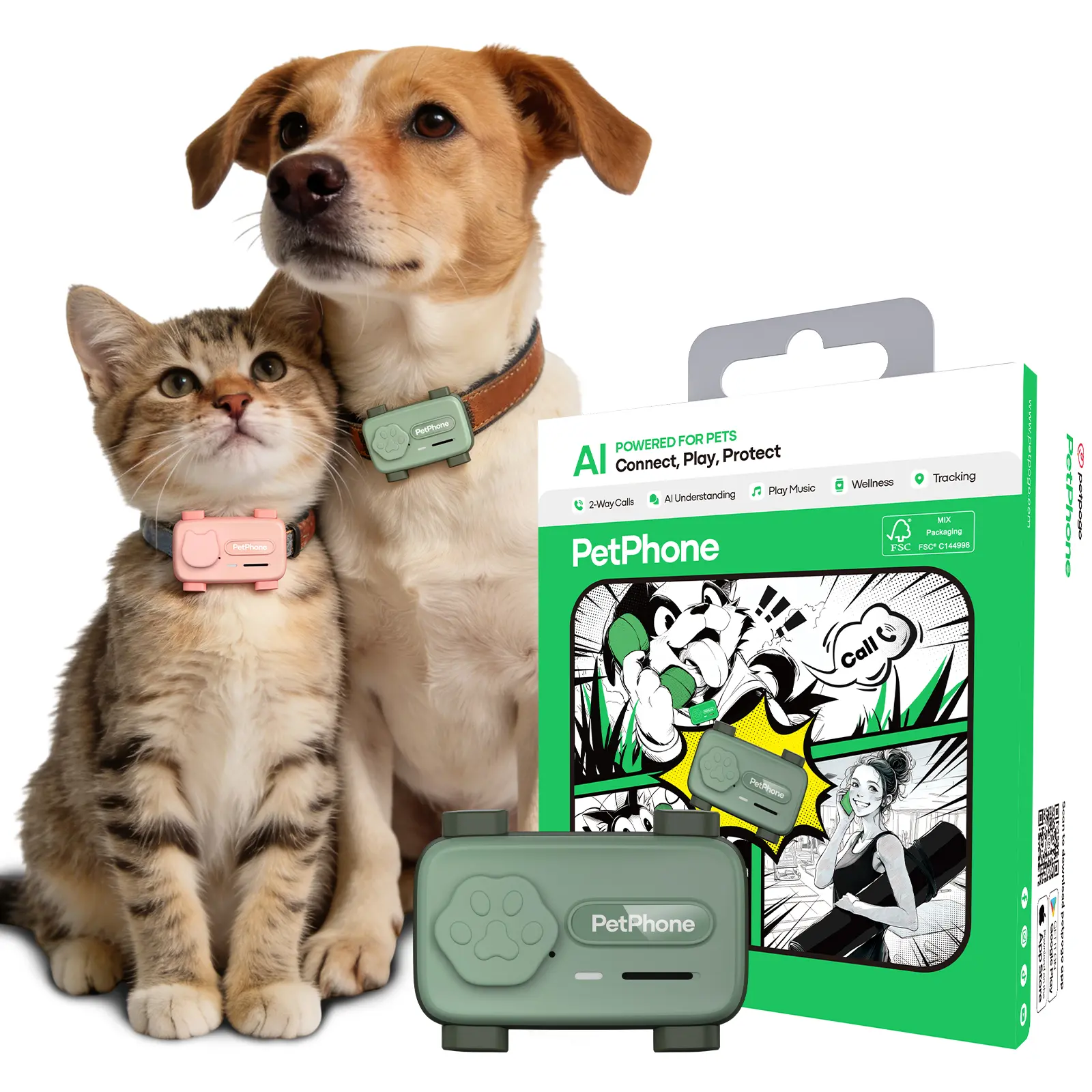 PetPhone for Dogs & Cats – 2-Way PetChat, AI-Powered Pet Sound Analysis & Activity Insights, Wellness Monitoring, GPS Tracker with Geofencing Alerts, Play Music, 37g Waterproof Smart Pet Tracking Device, Gift for Pet Lovers