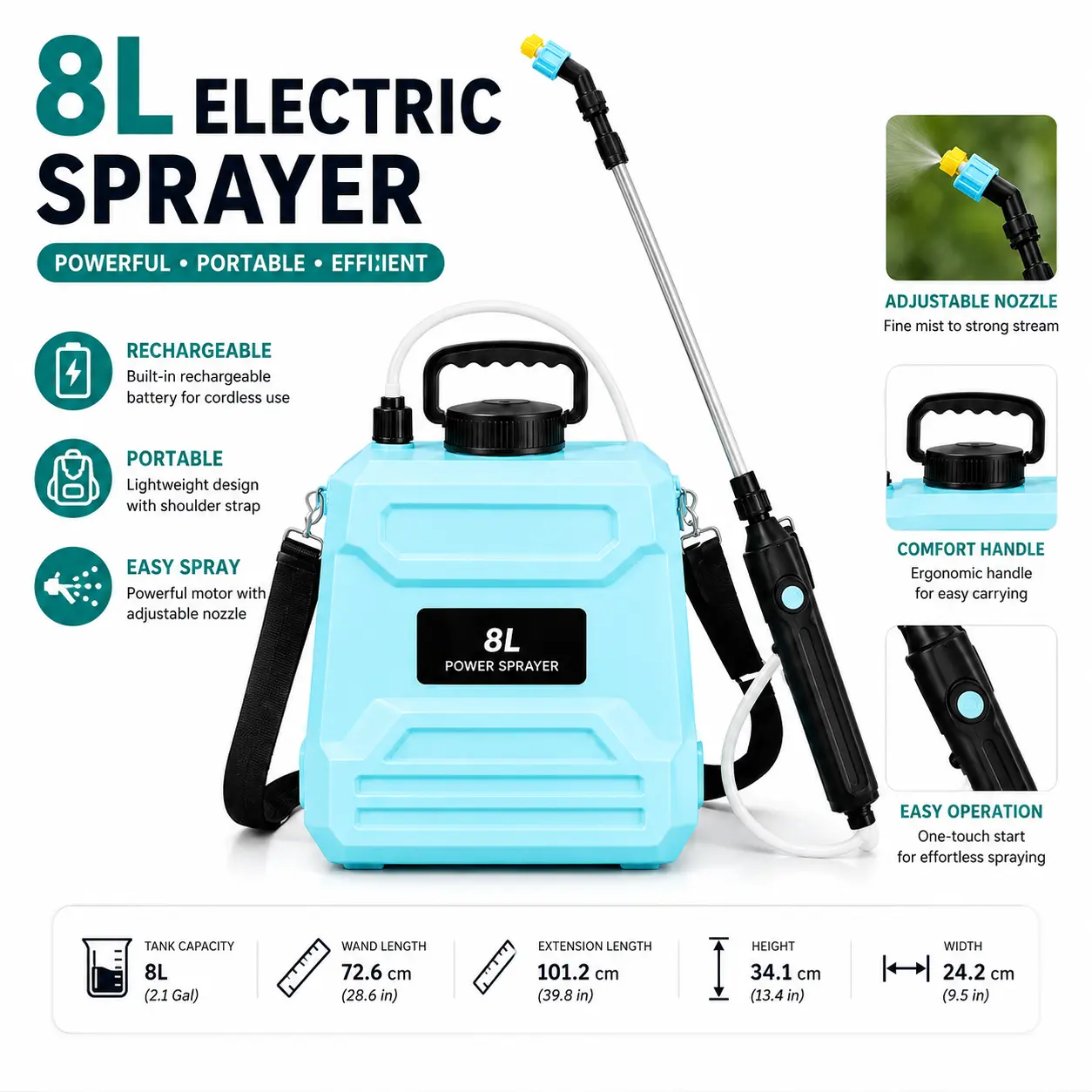 Rechargeable Electric Garden Sprayer (5L/8L) with Adjustable Nozzle, Extended Spray Pole, Shoulder Strap, Battery Handle for Lawn, Garden Cleaning Tasks