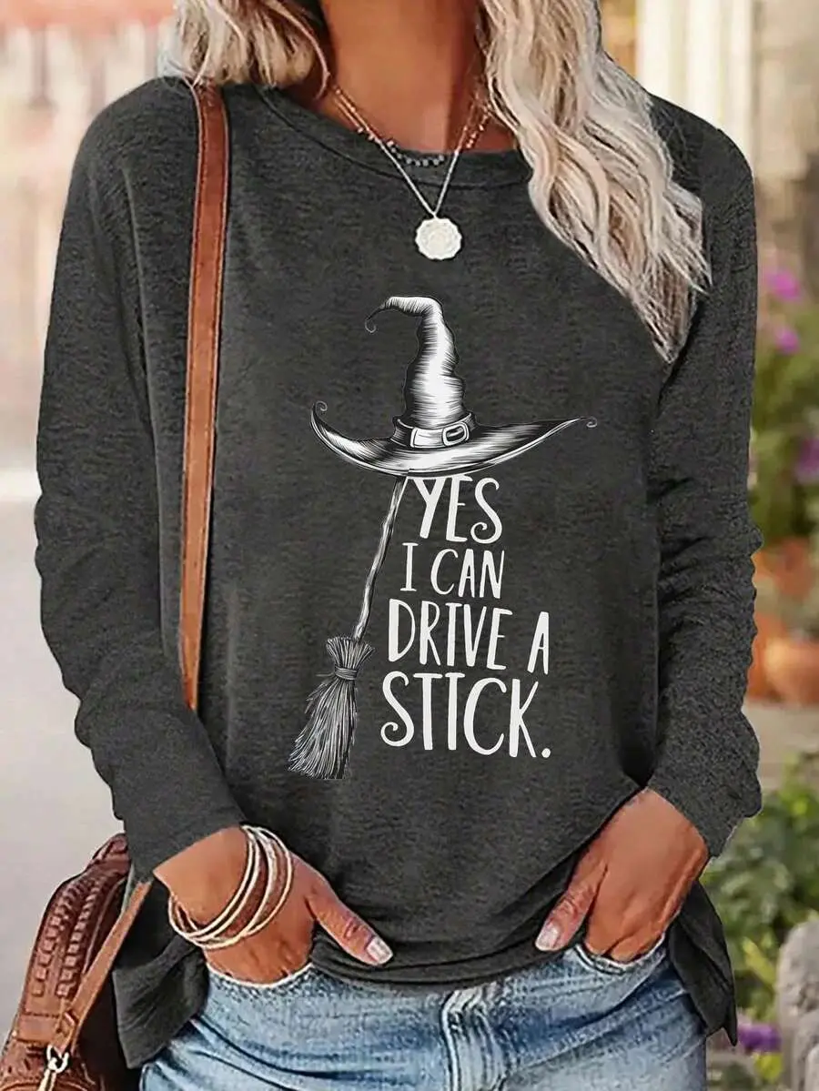 Witch Hat Yes, I Can Drive A Stick Halloween Broomstick Funny Graphic Print Long Sleeve T-Shirt, Casual Crew Neck Women Tee For Fall, Nightmare Before Christmas