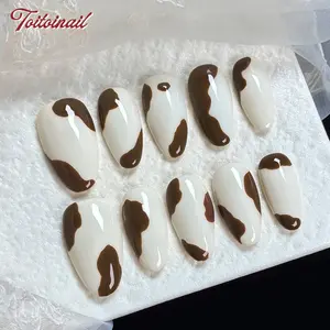Coco Milk Handmade Press-On Nails | Medium Oval Shape, 10pcs | Milk & Dark Brown Cow Print | Cute Summer Coquette Aesthetic | For Daily, School, Date, Party, Vacation, OOTD | High Gloss, Reusable Handmade DIY Nail Art