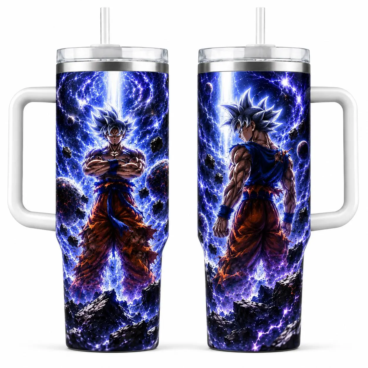 Silver Saiyan Anime Warrior 40oz Tumbler with Handle, Purple Electric Aura Manga Cup, Shonen Fighter Fan Gift